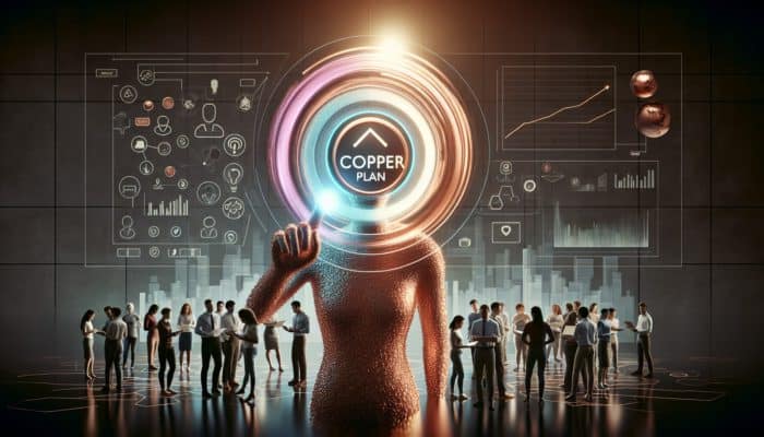 Person selecting Copper Plan on EasyGold website, team setting up, website flourishing with rising visitor graphs.