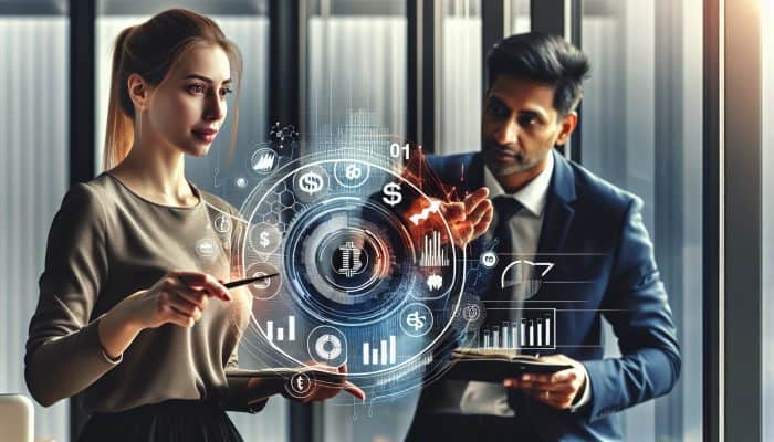 A business owner and financial advisor in a modern office, reviewing charts and planning debt management strategies.