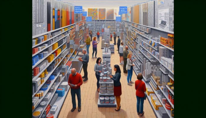 UK hardware store aisle displaying protective flooring tools, with shoppers and staff offering guidance.