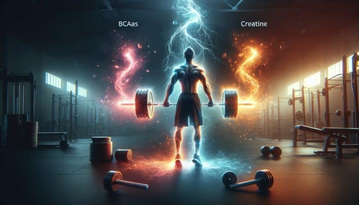 Person lifting weights in gym with labeled supplement bottles: BCAAs, creatine, beta-alanine.