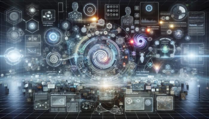 A digital interface showing a feedback loop diagram with virtual assistants and expert holograms in a futuristic setting.