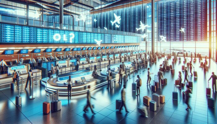 A vibrant airport scene showcasing various check-in options and effective baggage handling services.