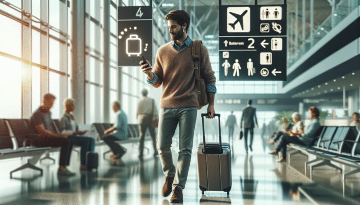 A traveler confidently navigating the airport with a smartphone, carry-on luggage, and travel documents, dressed comfortably and using a lounge.