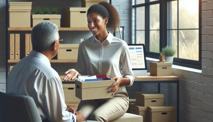 A professional organizer guiding a client through emotional decluttering in a serene home office.