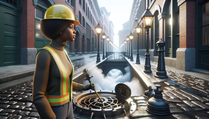 A professional plumber performing a thorough sewer inspection in Gastown, Vancouver, surrounded by historic cobblestones and vintage lampposts.