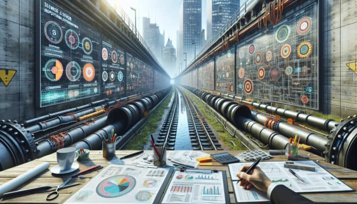 Detailed sewer inspection report for Gastown, highlighting aging infrastructure at risk, with maintenance markers in an urban cityscape setting.