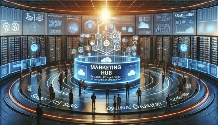 Futuristic marketing hub showcasing secure cloud servers, vibrant data streams, and collaborative teams, all under protection.