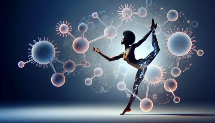 A woman gracefully stretching with glowing collagen molecules surrounding her, illuminated by soft light on her skin.