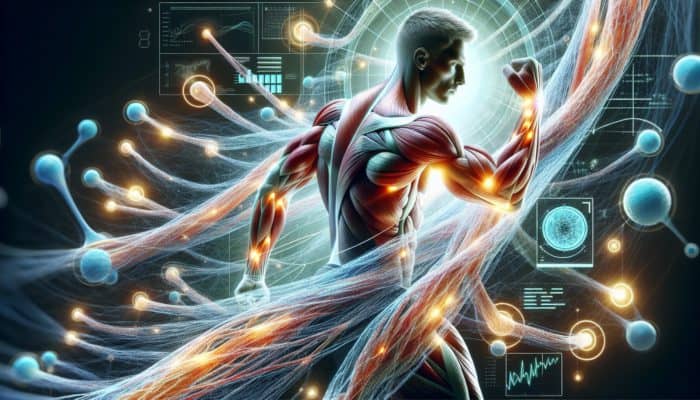 Illustration depicting collagen fibers repairing muscle tissue, enhancing both flexibility and strength, alongside an athlete in motion.