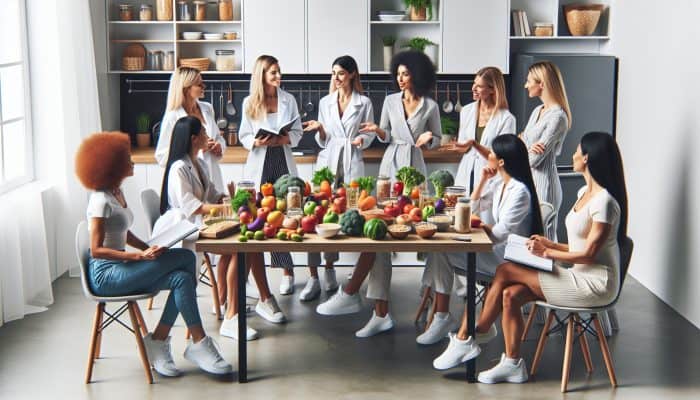 Diverse female nutritionists discussing budget-friendly meals in a modern kitchen, surrounded by healthy foods and informative charts.