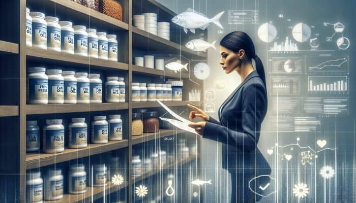 A woman selecting affordable fish oil and flaxseed oil supplements from a shelf in a health store.