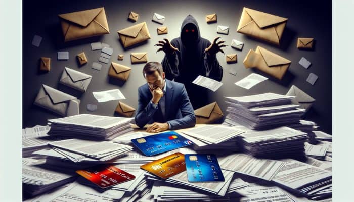 How to Flip Debt Consolidation into Savings: UK Guide | DCL Person overwhelmed by financial documents and credit cards, with shadowy figure symbolizing hidden fees and debt consolidation pitfalls.