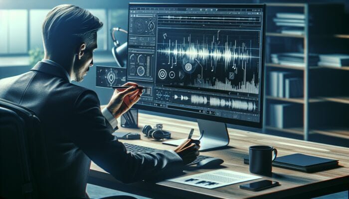 Person watching video, taking notes, using Otter.ai and Descript for SEO-optimized transcription.