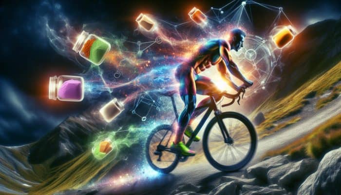 An athlete cycling up a mountain, enhanced by supplements like protein, creatine, and BCAAs.