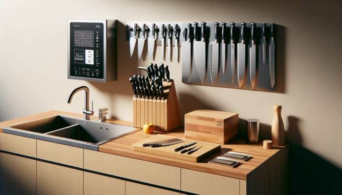 A well-organized kitchen featuring a wooden knife block, magnetic strip, and sheathed knives in a clean, dry, and well-lit environment.