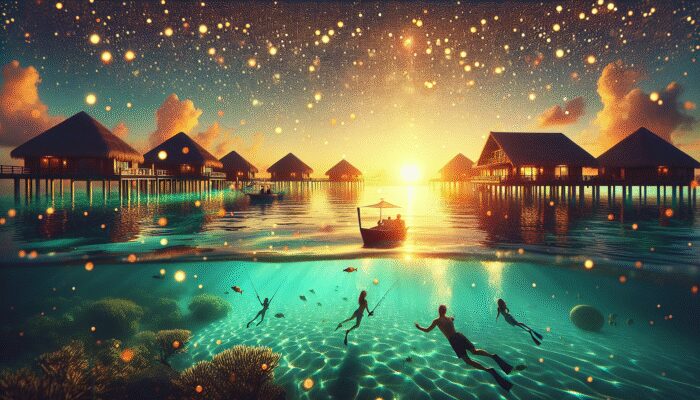 A tranquil Ramon's Resort during off-peak season, showcasing fewer guests and personalized service, early bookers diving at sunrise.