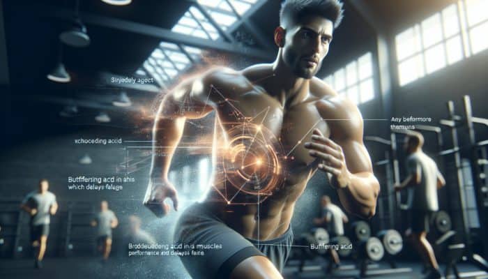 Beta-Alanine Supplement Comparison: Athlete in gym, muscles defined, pushing through high-intensity workout, buffering acid, enhancing performance, delaying fatigue.
