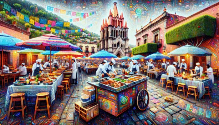 A vibrant culinary tour in San Miguel de Allende showcasing street food, gourmet dining, and cooking classes amidst lively celebrations.