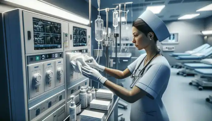 Medical Tissue Wipes: Nurse using pre-moistened tissue wipes to clean surfaces and equipment in a sterile medical environment.